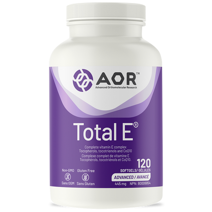 Supplement bottle labeled 'AOR Total E' on a white background