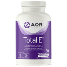 Vitamin supplement bottle labeled 'Total E' by AOR on a white background
