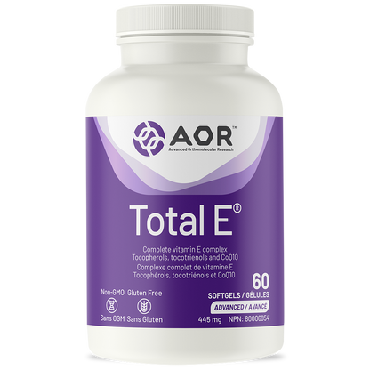 Vitamin supplement bottle labeled 'Total E' by AOR on a white background