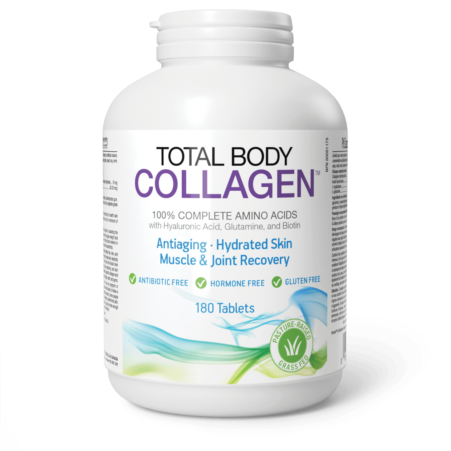 Bottle of Total Body Collagen supplement on a green background