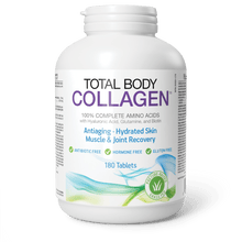 Bottle of Total Body Collagen supplement on a green background
