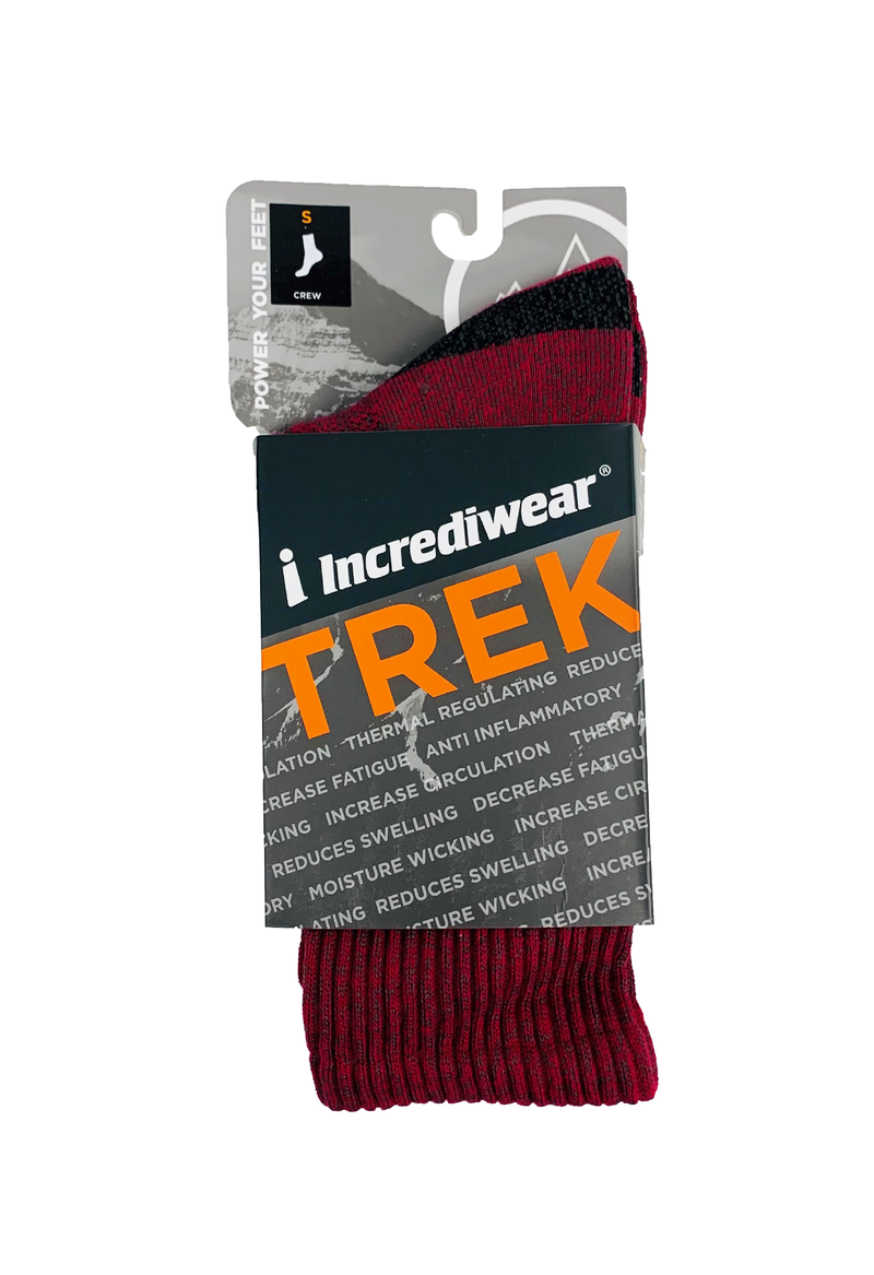 Red socks with 'Incrediwear Trek' packaging on a white background