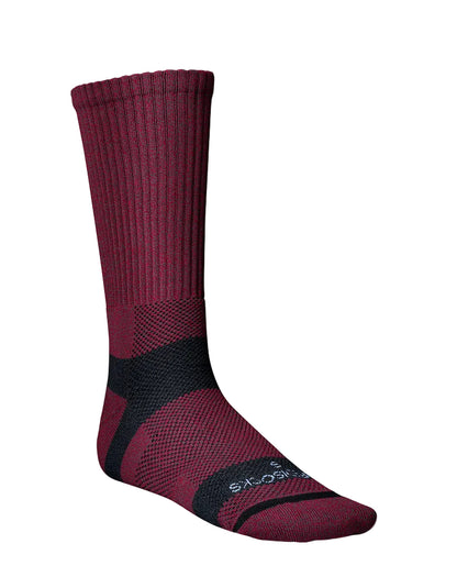 Red sock with black accents on a light gray background