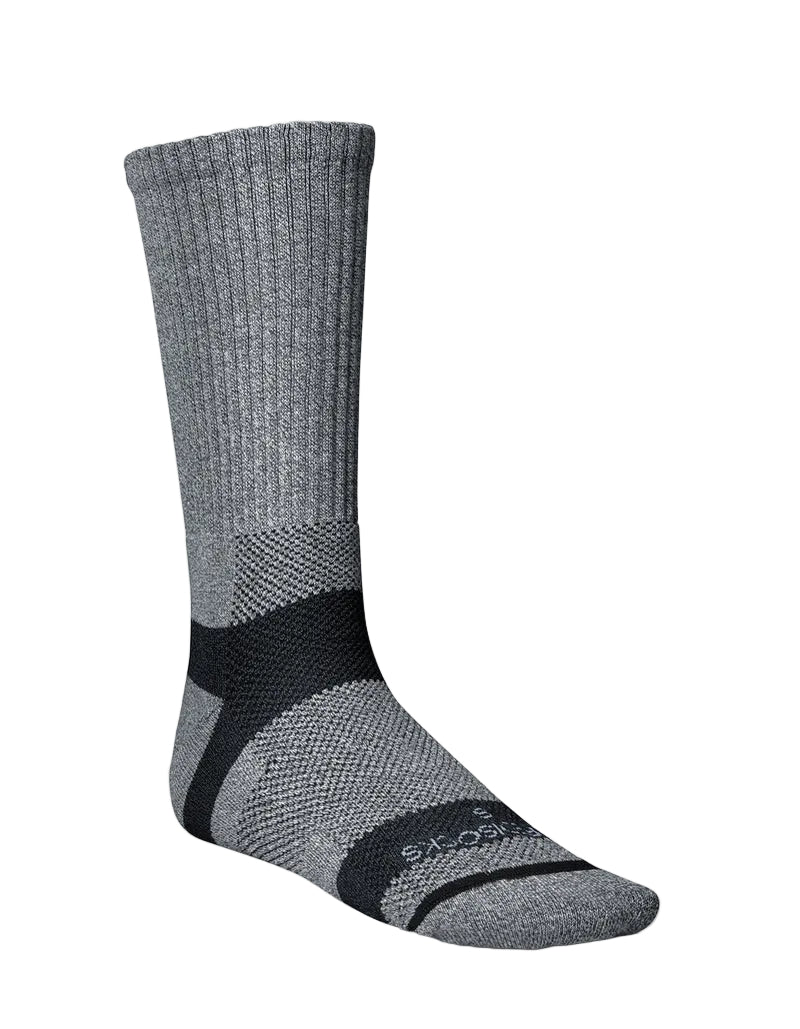 Gray sock with black accents on a light gray background