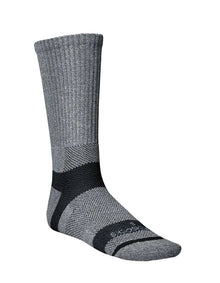Gray sock with black accents on a light gray background