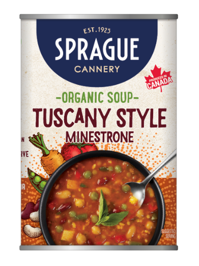 Can of Sprague Organic Soup Tuscany Style Minestrone with a bowl of soup and vegetables on the label.
