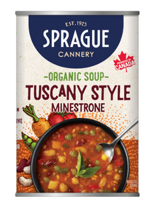 Can of Sprague Organic Soup Tuscany Style Minestrone with a bowl of soup and vegetables on the label.