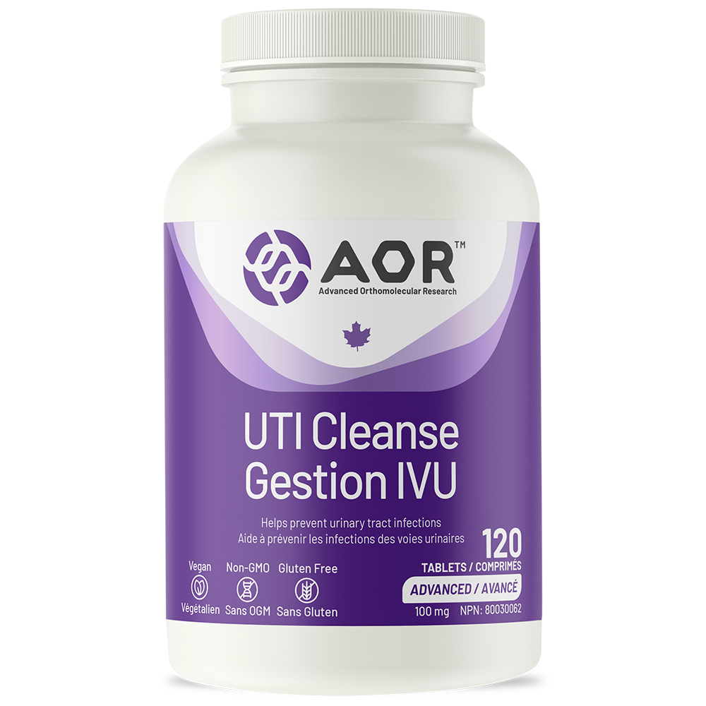 Bottle of AOR UTI Cleanse supplement on a white background
