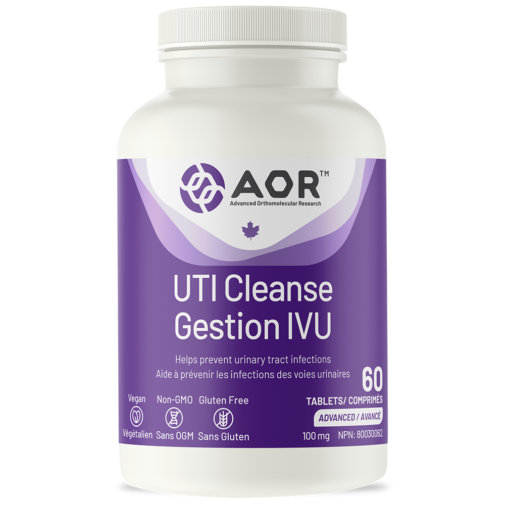 Supplement bottle labeled 'UTI Cleanse' by AOR on a white background