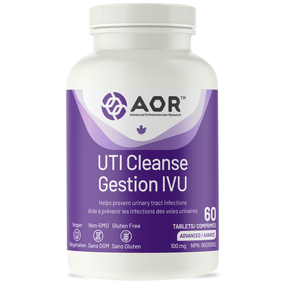 Supplement bottle labeled 'UTI Cleanse' by AOR on a white background