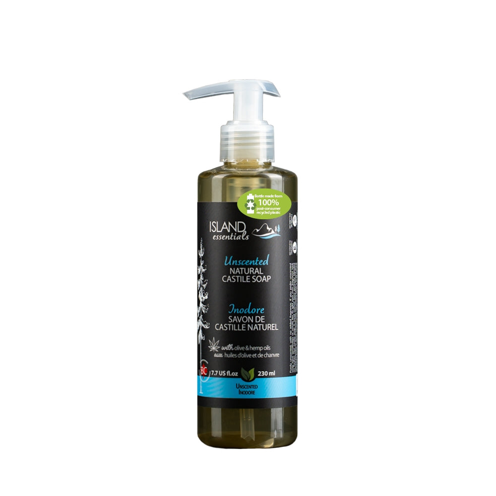Bottle of Island Essentials Unscented Natural Castile Soap on a white background