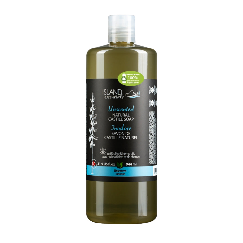 Bottle of Island Essentials Unscented Natural Castile Soap on a white background