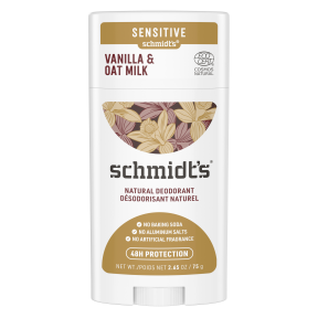 Schmidt's natural deodorant stick with vanilla and oat milk scent on a white background