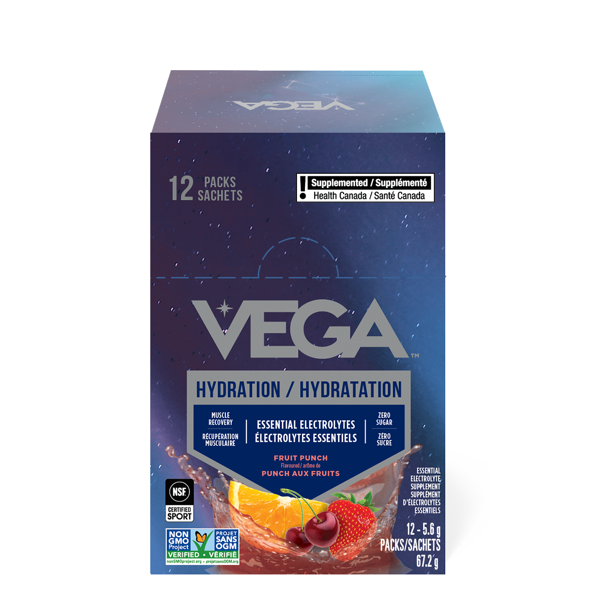 Vega hydration supplement packaging with blue and purple design