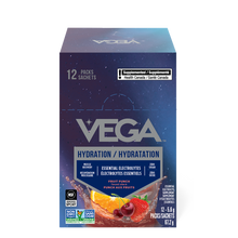 Vega hydration supplement packaging with blue and purple design