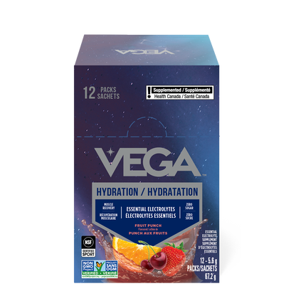 Vega hydration supplement packaging with blue and purple design