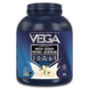 Vega protein powder container with blue label on a black background