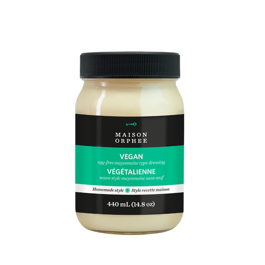 Jar of Maison Orphèe vegan mayonnaise on a light beige background