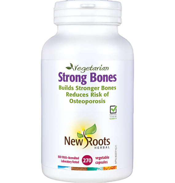 Bottle of New Roots Strong Bones supplement on a white background