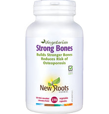 Bottle of New Roots Strong Bones supplement on a white background