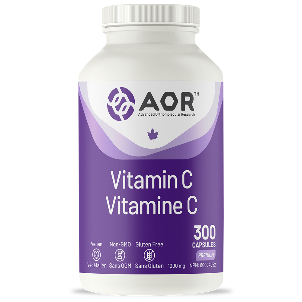 Vitamin C supplement bottle with purple label and AOR branding on a white background