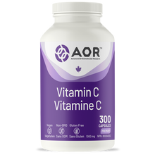 Vitamin C supplement bottle with purple label and AOR branding on a white background