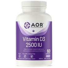 Supplement bottle labeled 'AOR Vitamin D3 2500IU' on a white background