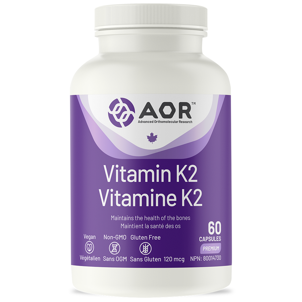 Vitamin K2 supplement bottle with purple label on a white background