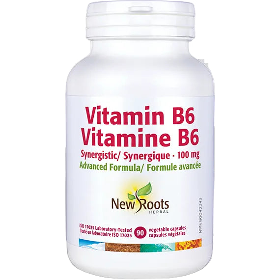 Vitamin B6 supplement bottle with New Roots Herbal branding on a white background