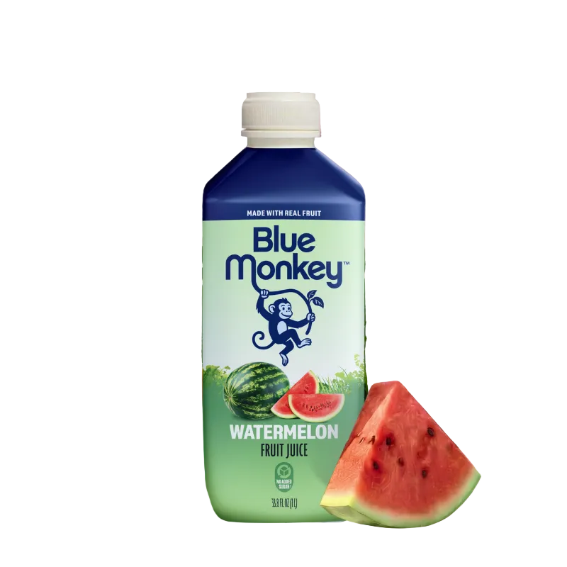 Blue Monkey Watermelon Fruit Juice bottle with watermelon slices and leaves on a pink textured background