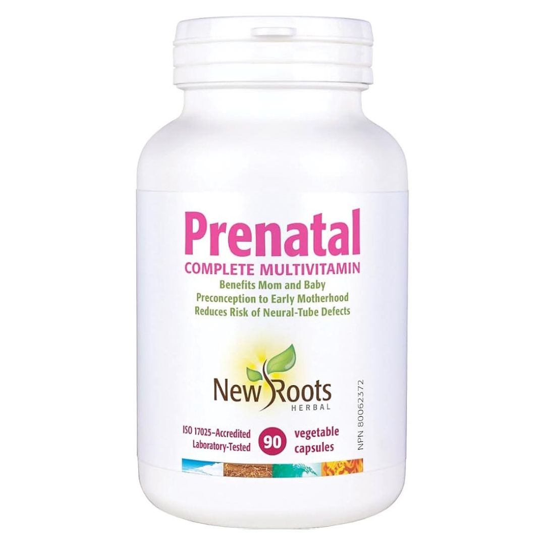 Prenatal multivitamin bottle labeled 'New Roots' on a white background