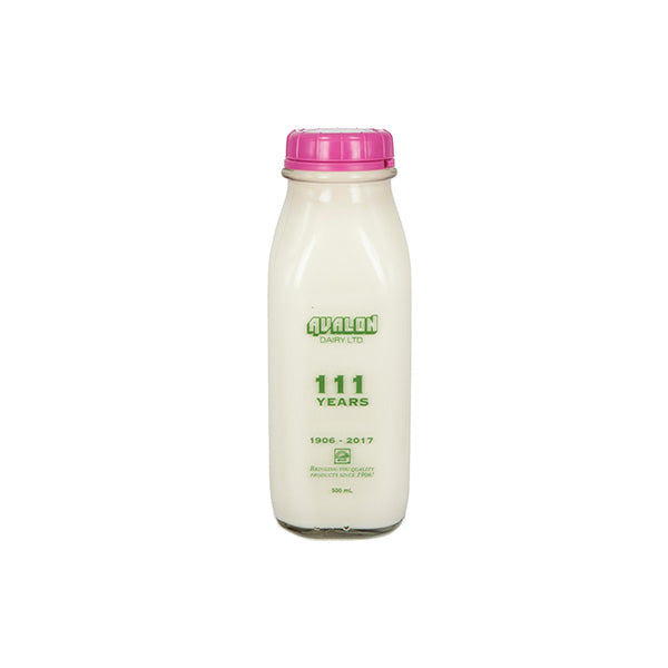 Milk bottle with a pink cap and 'Avalon Dairy Ltd' branding on a white background