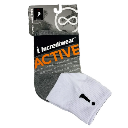 Gray and white sock with Incrediwear Active packaging on a white background
