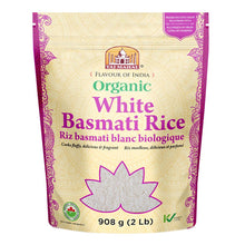 Package of organic white basmati rice with decorative elements on a beige background