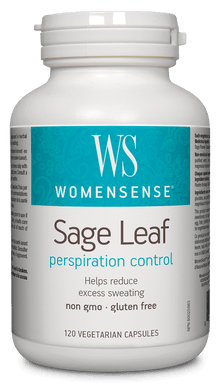 A white plastic bottle of Womensense Sage Leaf perspiration control dietary supplement capsules, featuring a teal and white label.