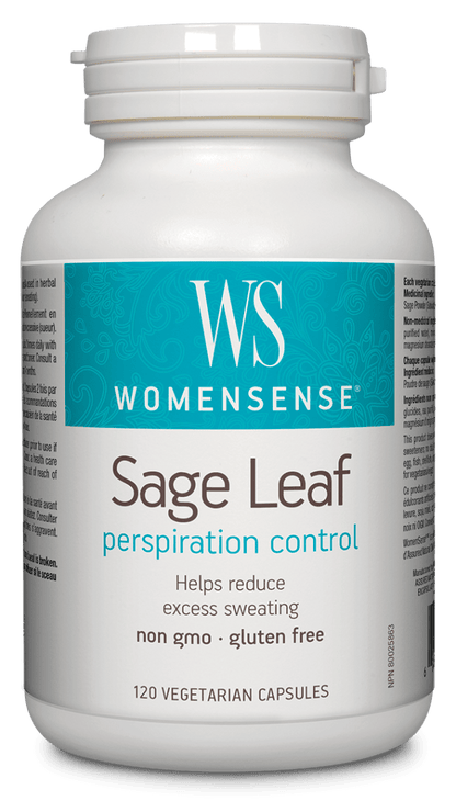 A white plastic bottle of Womensense Sage Leaf perspiration control dietary supplement capsules, featuring a teal and white label.