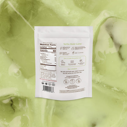Back of a Yerba Mate Latte package with nutrition facts and branding on a green background