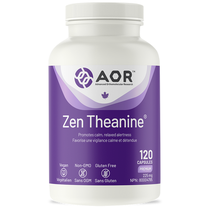 Bottle of AOR Zen Theanine supplement on a white background