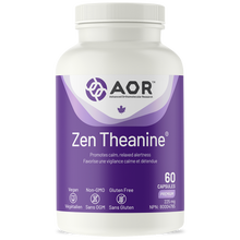 Bottle of AOR Zen Theanine supplement on a white background