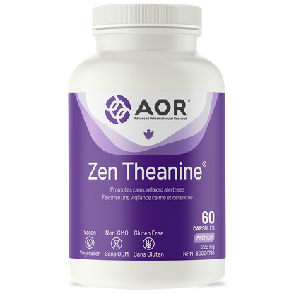 Bottle of AOR Zen Theanine supplement on a white background