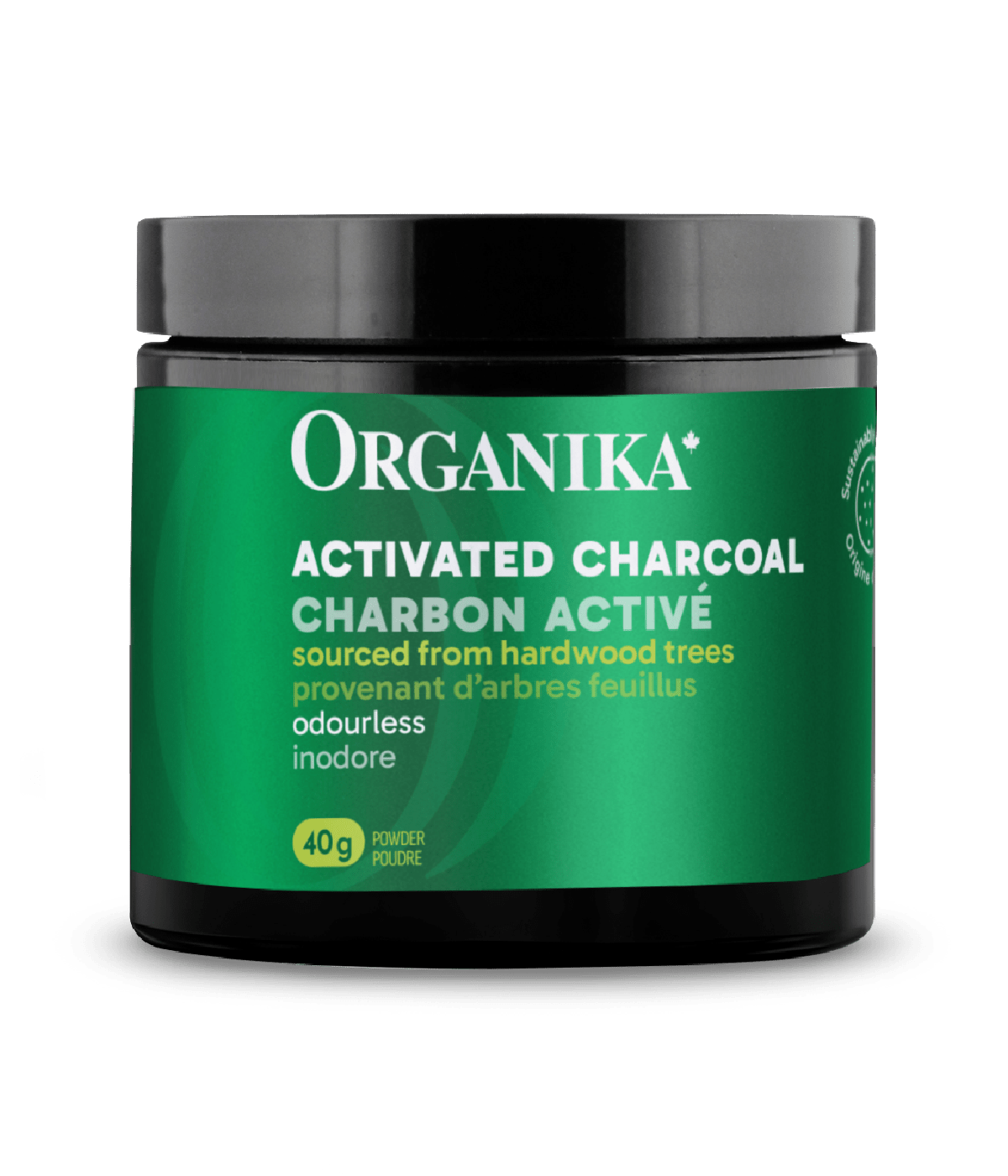 Organika activated charcoal container with green label on a white background