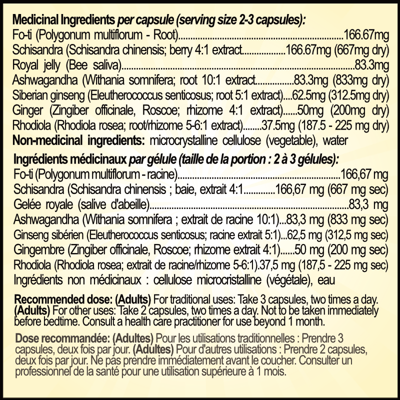 Supplement label with medicinal ingredients and recommended dose on a yellow background