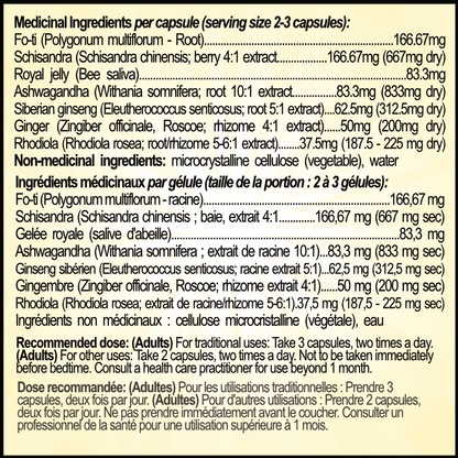 Supplement label with medicinal ingredients and recommended dose on a yellow background