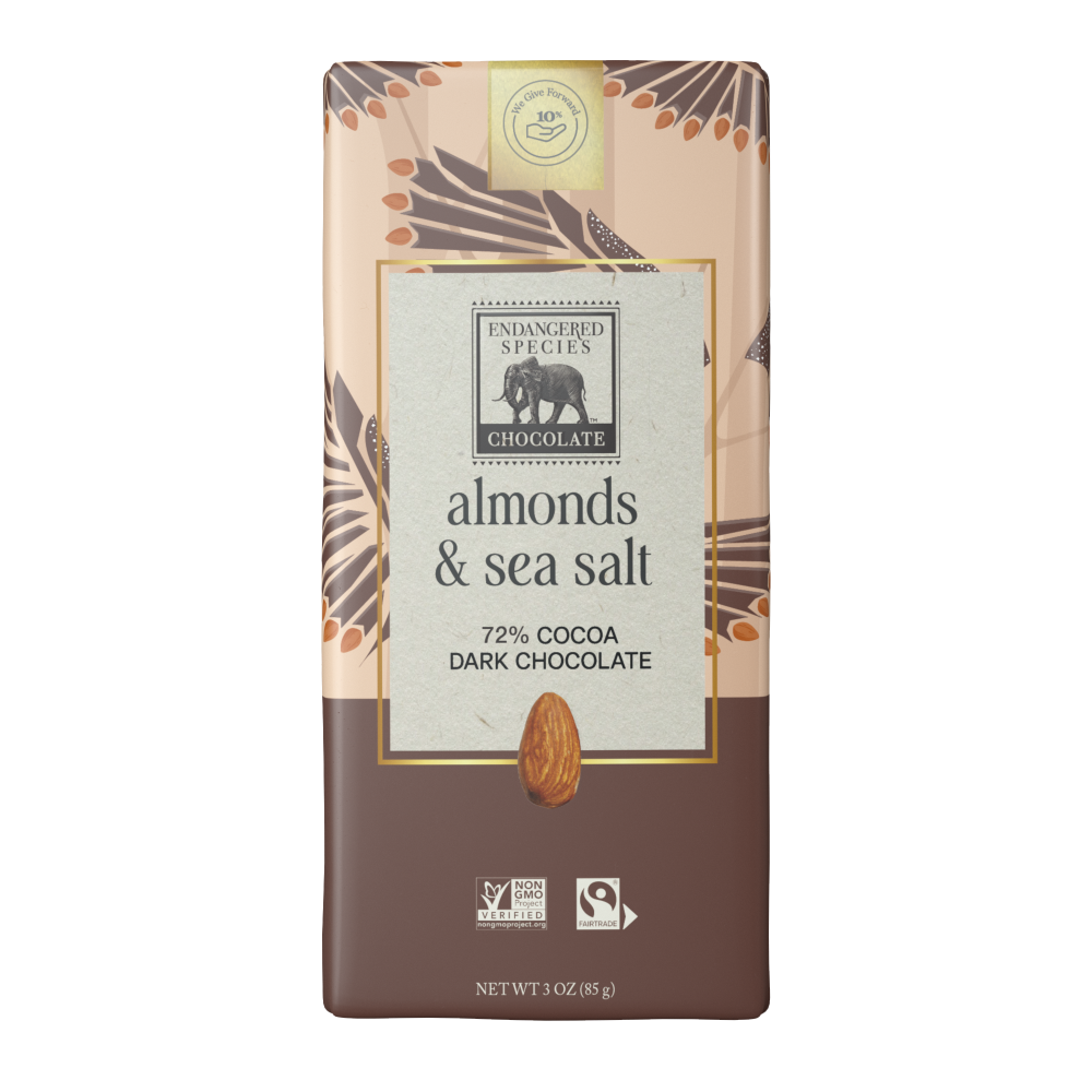 Dark chocolate bar with almonds and sea salt packaging on a white background