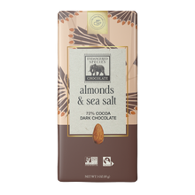 Dark chocolate bar with almonds and sea salt packaging on a white background