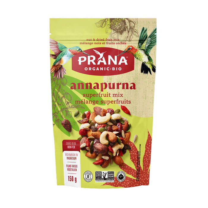 Prana Organic Bio annapurna superfruit mix packaging on a light blue background