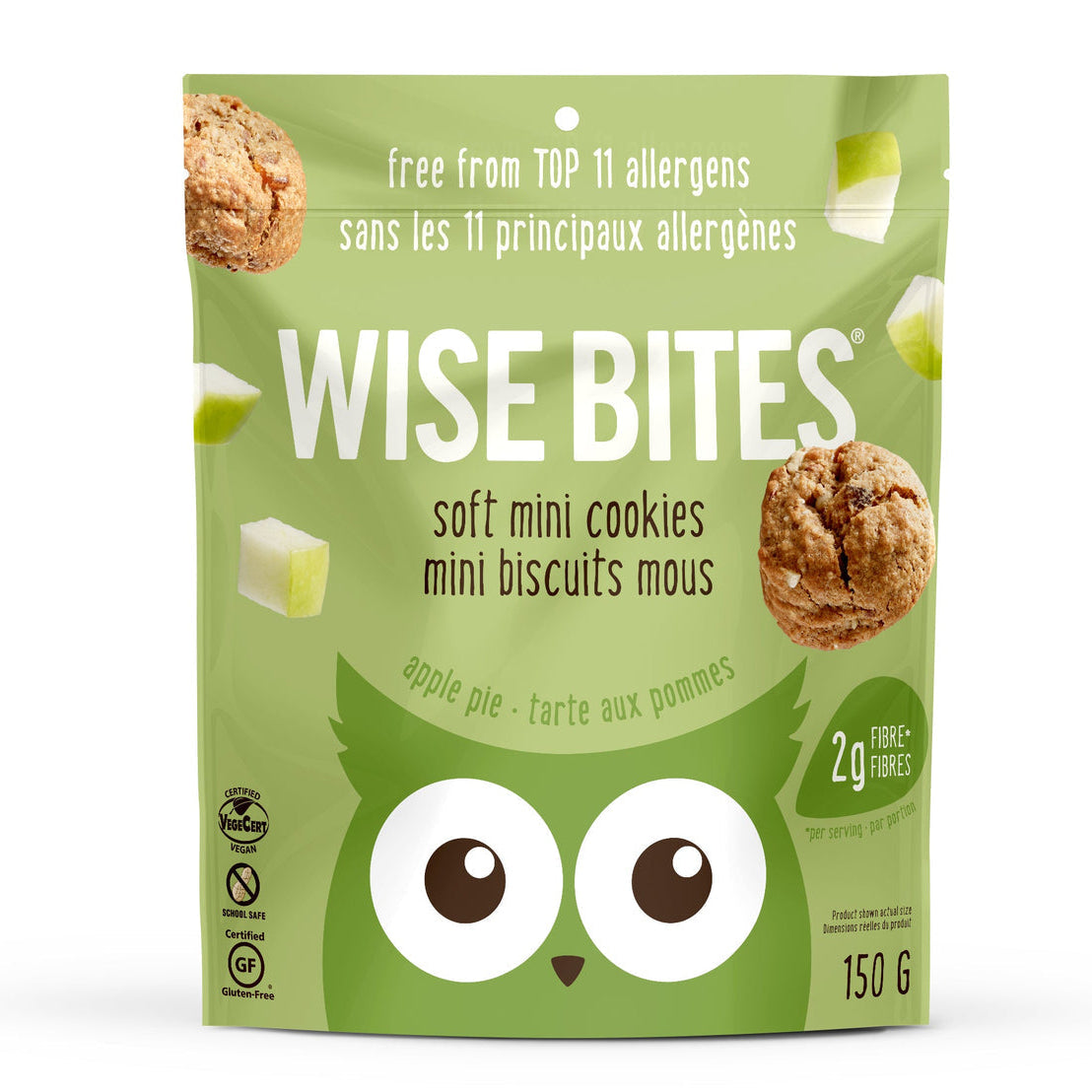 Packaging of Wise Bites soft mini cookies with a green background and owl design.