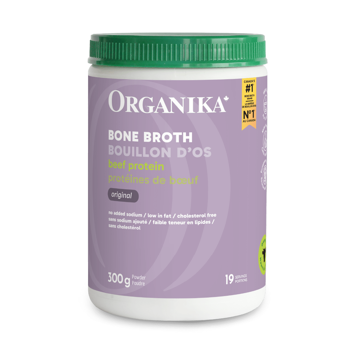 Organika Bone Broth container with green lid on a green background