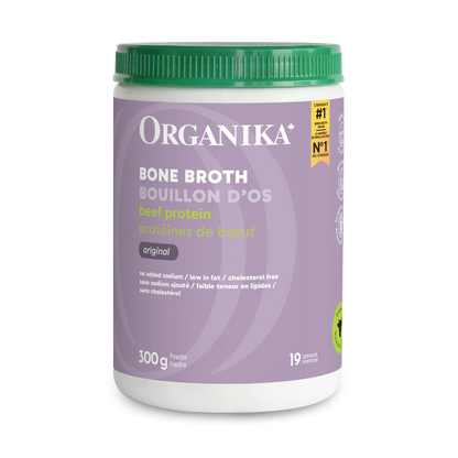 Organika Bone Broth container with green lid on a green background