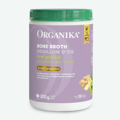 Organika Bone Broth container with purple label on a white background